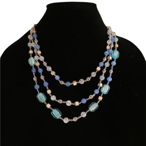 Vintage Blue Glass Bead Triple Strand‎ Necklace